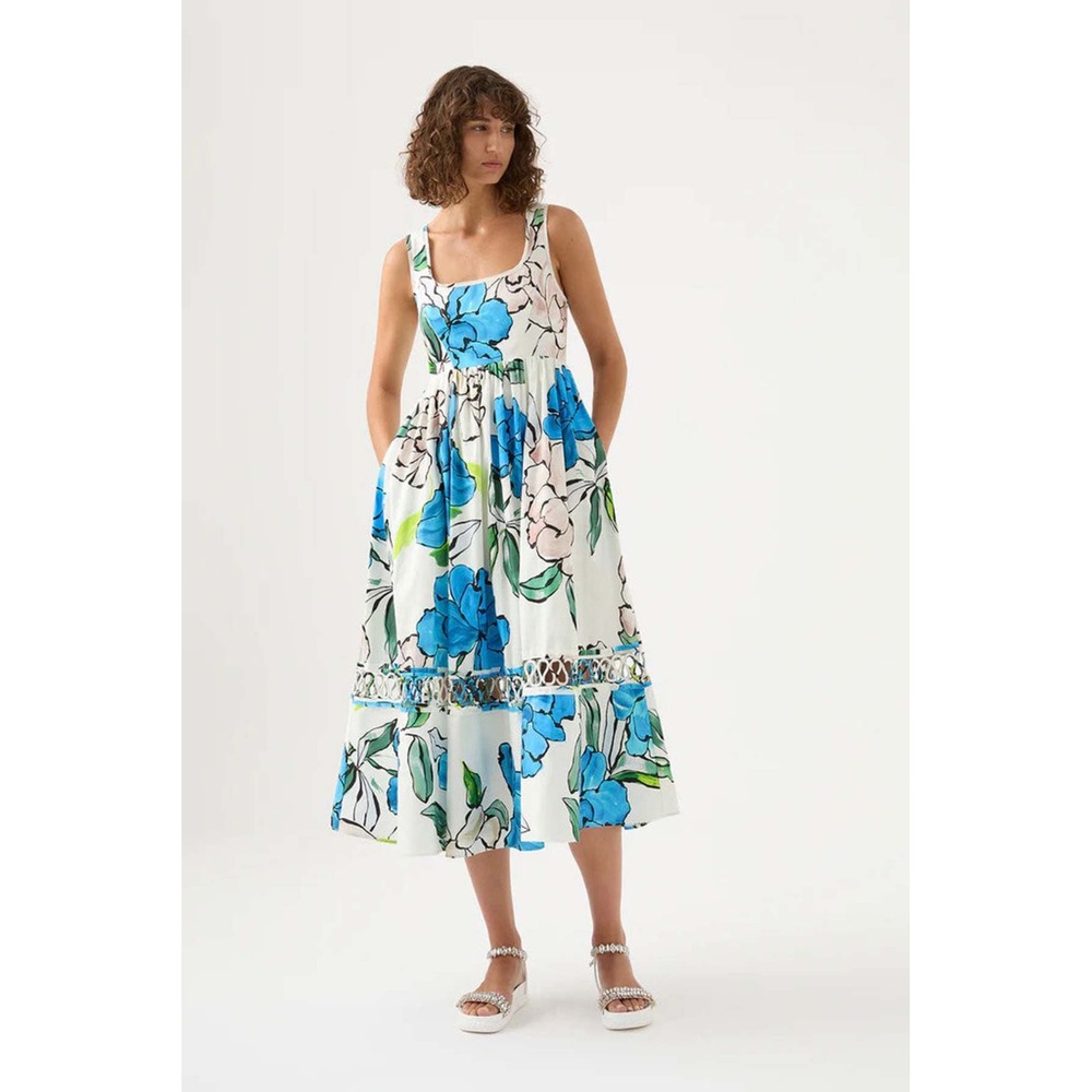 Aje Erika Dress White Blue Floral Excellent Cutout Back Midi Cotton